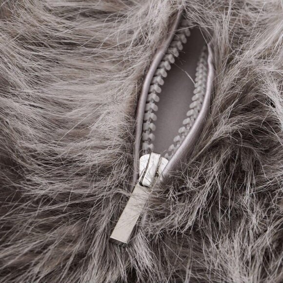 Women's Faux Fur Zip-Up Cropped Jacket Long Sleeve Warm Winter Coat Brown - Picture 4 of 5